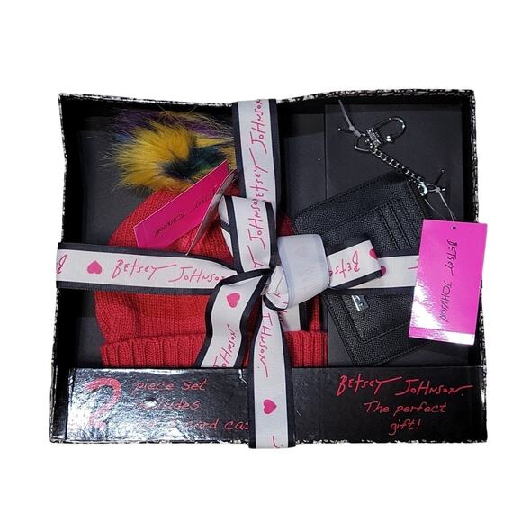 Betsey Johnson 2 Piece Set Red Hat and Black Wallet Card Case NWT - Picture 1 of 7